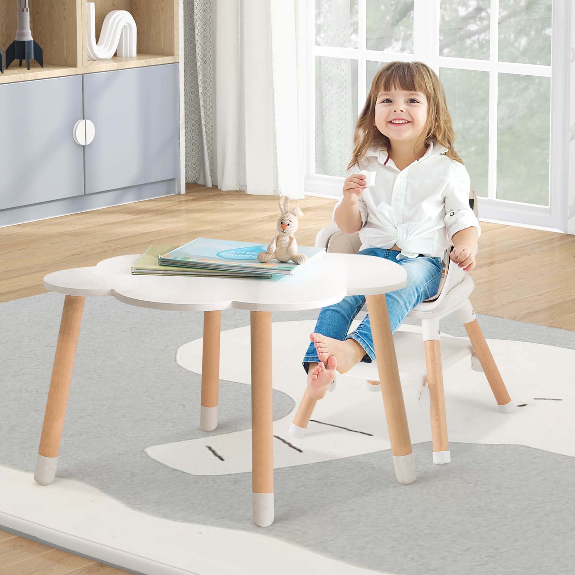 Costway 6-in-1 Convertible Wooden Baby Highchair Infant Feeding Chair with Removable Tray Beige