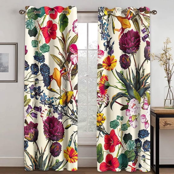 Flower Curtains, Colorful Blackout Curtains For Living Room Bedroom, Thermal Insulated Grommet Drapes, Decorative Patterned Window Treatments 42"W x 84"L (Pack of 2)