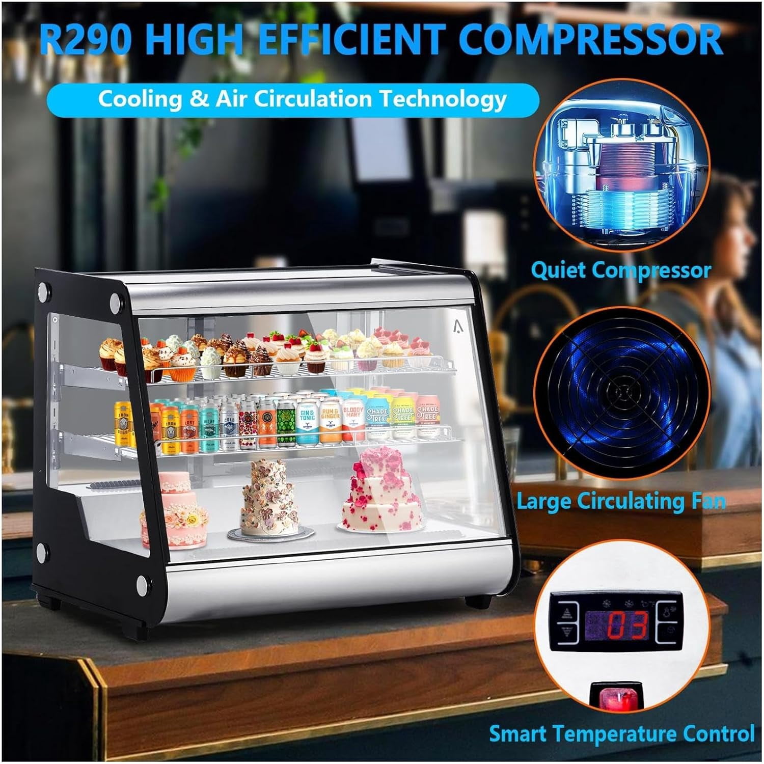 NEILA Commercial Display Cake Refrigerator, 5.3 cu Refrigerator Display Cabinet,3 Tier, LED Countertop Pastry Display Cabinet,Tempered Glass Door,For Shops, Cafes,Black Bakeries, Restaurants