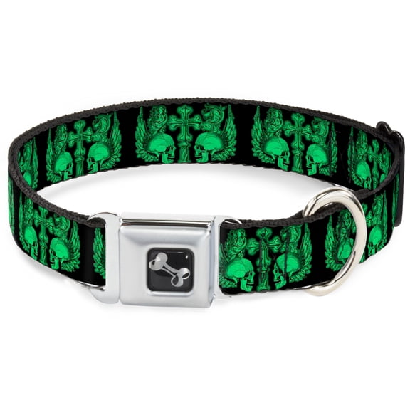 Buckle-Down Pet Collar, Dog Collar Metal Seatbelt Buckle, Buckle Down Skulls Wings Black Green, 9.5 to 13 Inches 1.0 Inch Wide