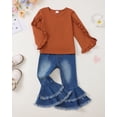 thumbnail image 3 of 2T Baby Girls Outfits 3T Girls Solid Color Fall Winter Clothes Toddler Girls Long Sleeve Top Jeans Bell-bottomed Pants 2PCS Set Brown, 3 of 8