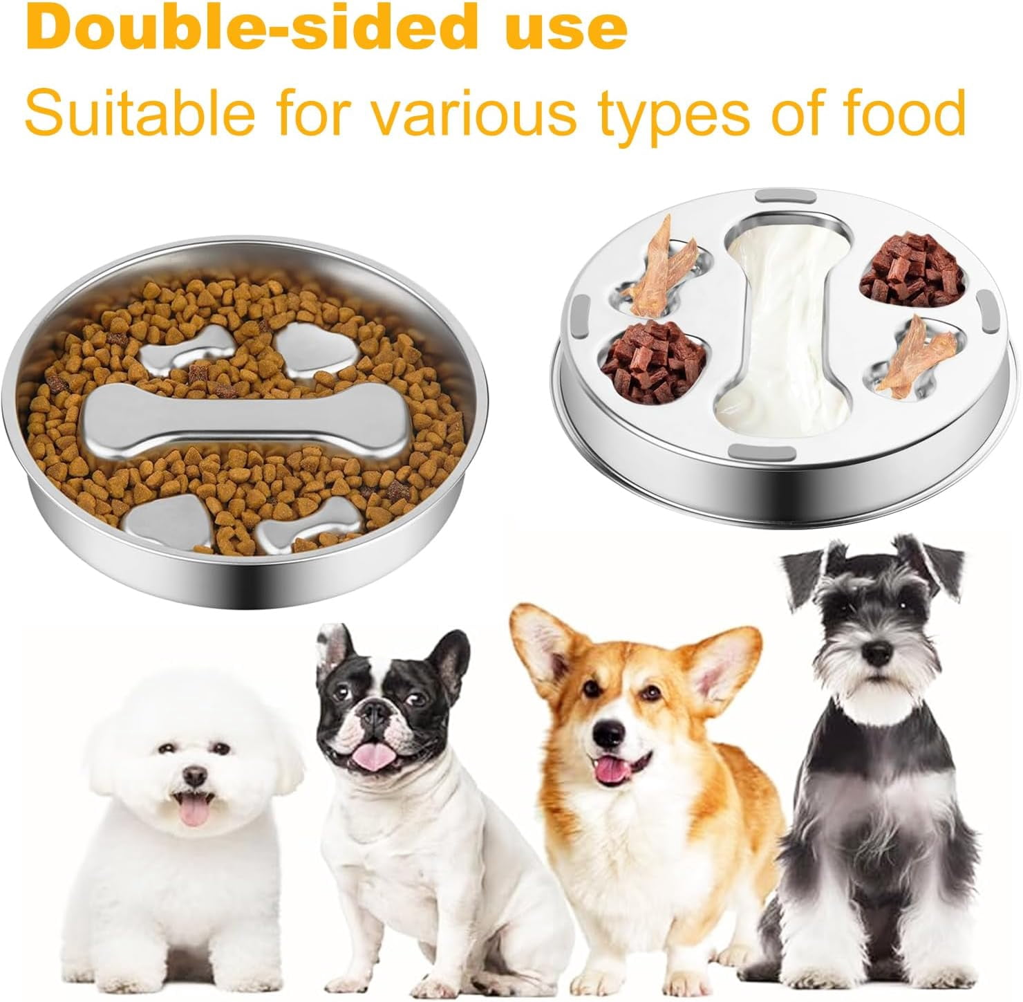 Stainless Steel Slow Feeder Dog Bowls,Slow Food Bowl for Dog & Cat - 2 Cups Capacity,Bone-Shaped Design Pet Food Holder,Metal Non-Slip Lick Plate,Puzzle Maze Dish for Small Sized Breeds