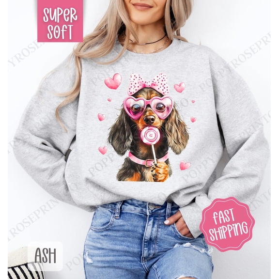Valentine Dachshund Sweatshirt, Valentine's Day Crewneck, Cute Women's Sweater, Cute Dog Mom Valentine Sweatshirt, Trendy Dog Vday Sweater All Size S-5Xl