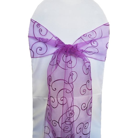 Wedding Linens Inc. (10pcs) 8'' x 108'' Embroidered Organza Sheer Chair Sashes Chair Bow Ties - Purple