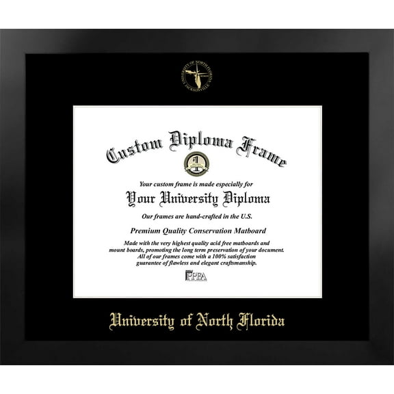 University of North Florida 14w x 11h Manhattan Black Single Mat Gold Embossed Diploma Frame with Bonus Campus Images Lithograph (value savings at $59)