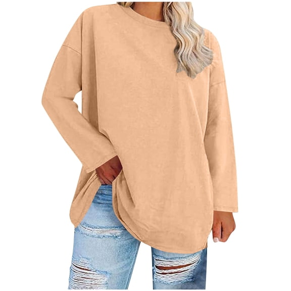 Womens Oversized Plus Size Tops, Long Sleeve Shirts for Women Summer Casual Solid Color Crewneck T-Shirts Spring Clothes