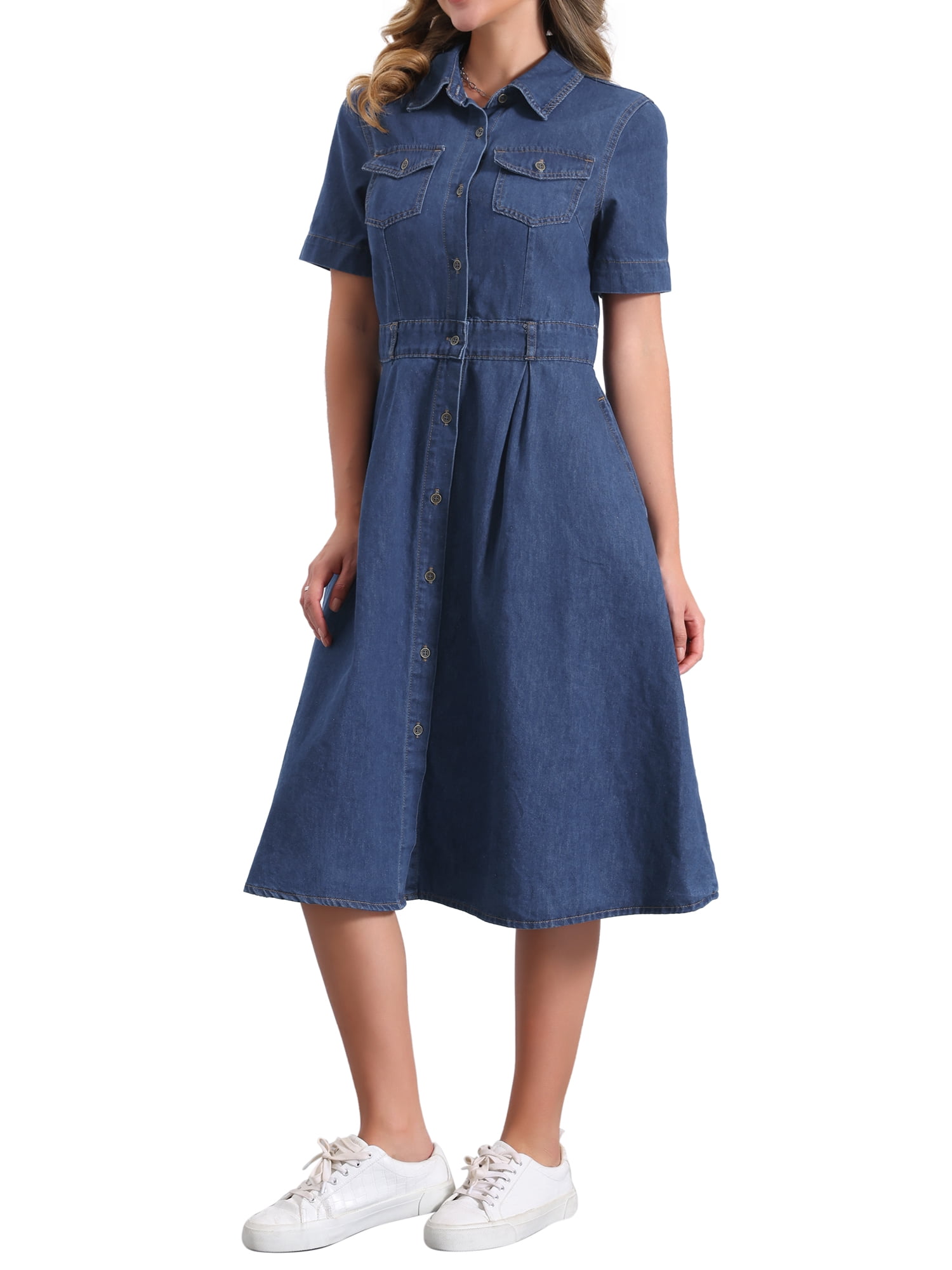 DARING DIVA Denim Collared Short Sleeve A-Line Midi Dress S Dark Blue