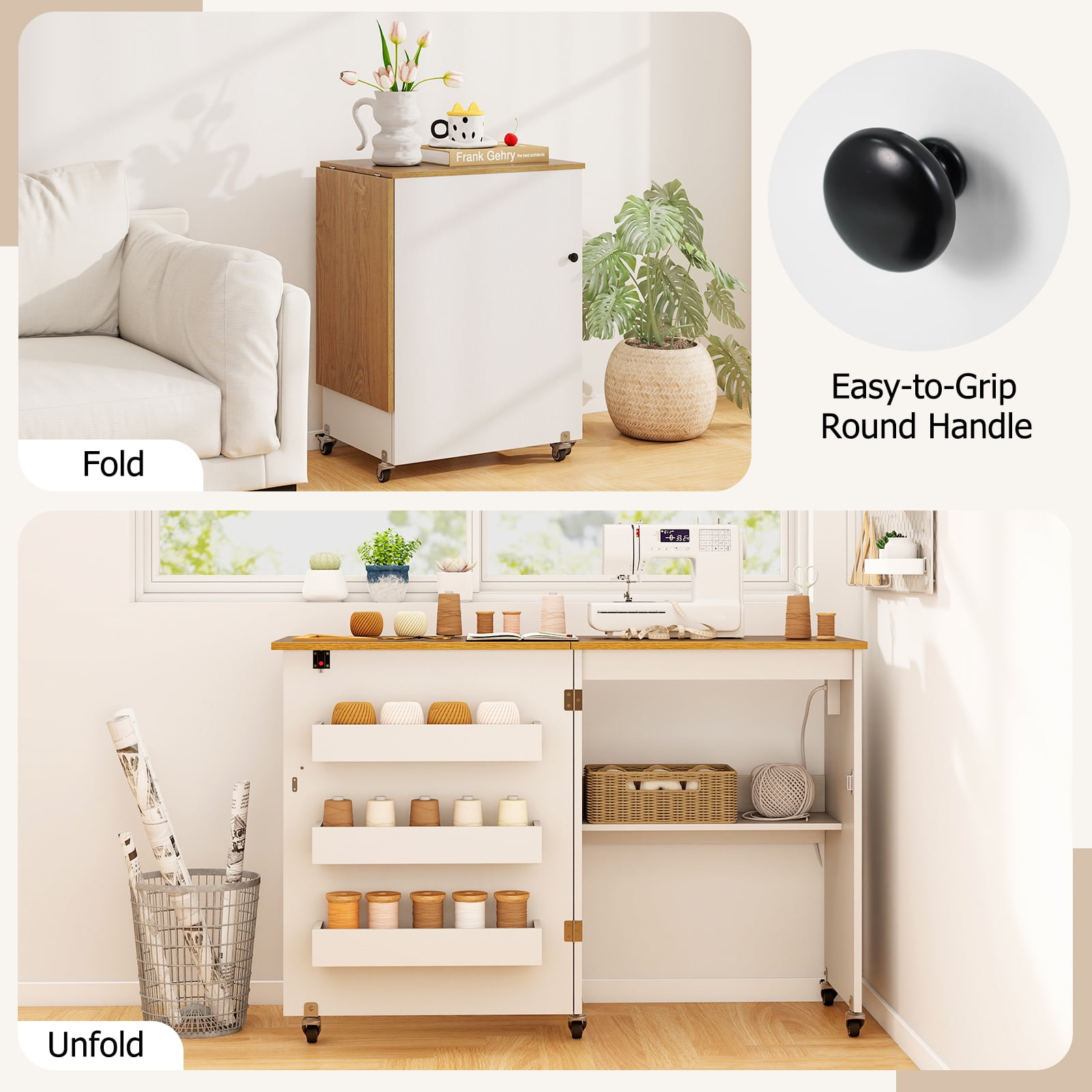 Topbuy Sewing Machine Table with Charging Station Folding Sewing Cabinet w/Lockable Casters White & Natural
