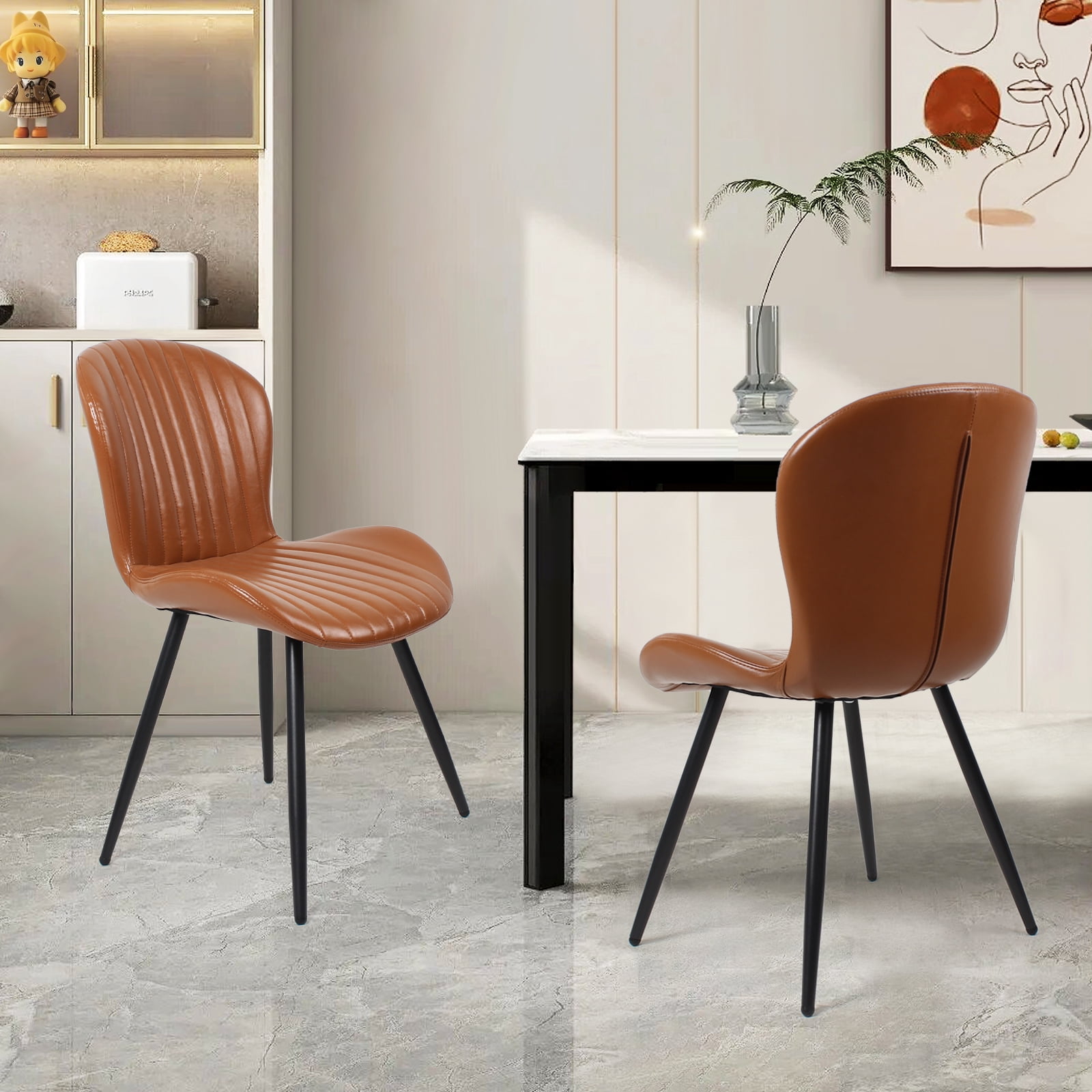 Set of 2 Brown Dining Chairs, Modern 2nd-Gen Leather Upholstered Chairs, Ergonomic Curved Backrest, Thick Cushion & Sturdy Metal Legs, 400 lbs Capacity, Waterproof & Scratch Resistant
