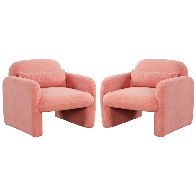 Gymax 2PCS Modern Accent Chair Sherpa Fabric Upholstered Armchair w/ Waist Pillow Pink