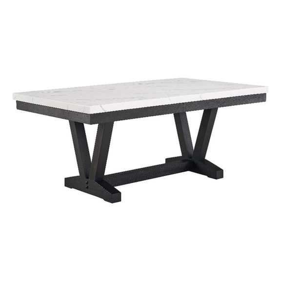 Vinz Dining Table-72 Inch White Faux Marble Top-Black Trestle Base