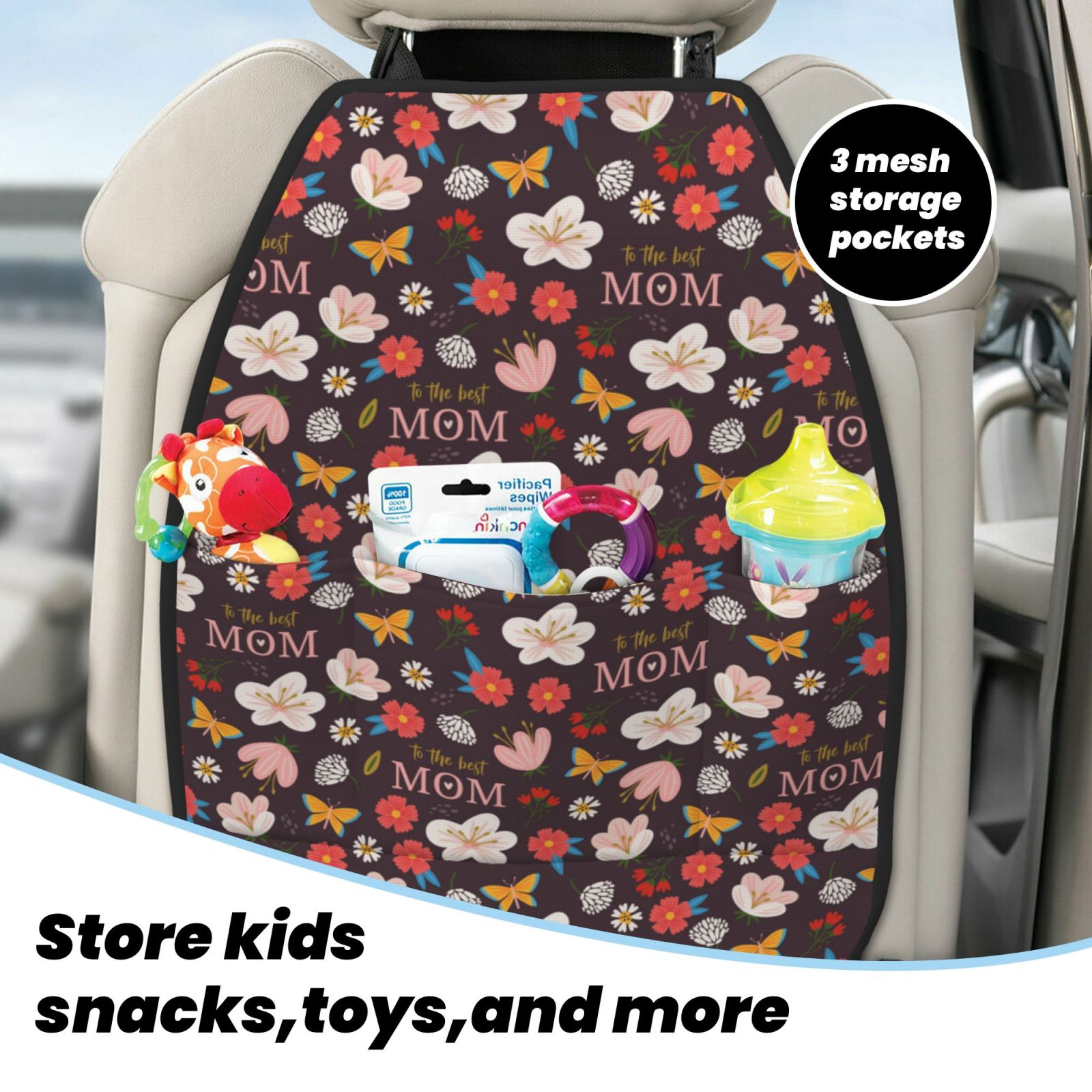 Kdxio To The Best Mom Print 2 Pack Car Kick Mat Seat Cover Back Protector Mat with Pockets for Organizer Backseat Protector and Storage Anti Kick Pad for Vehicles