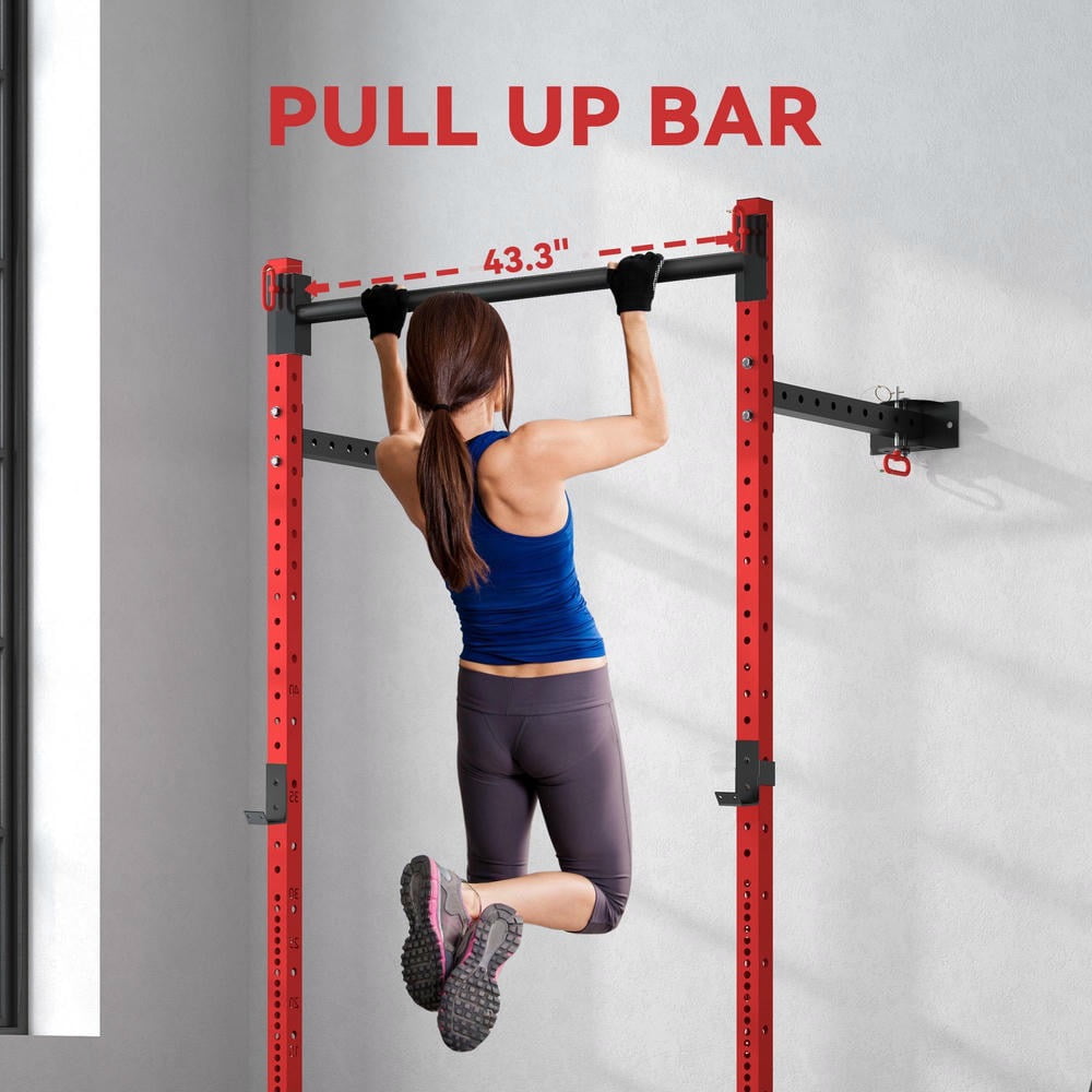 Barara King Barbell Rack with Pull Up Bar, Wall Mounted and Adjustable, Squat Rack Barbell Bench Press with 1000 Pounds Capacity, Red