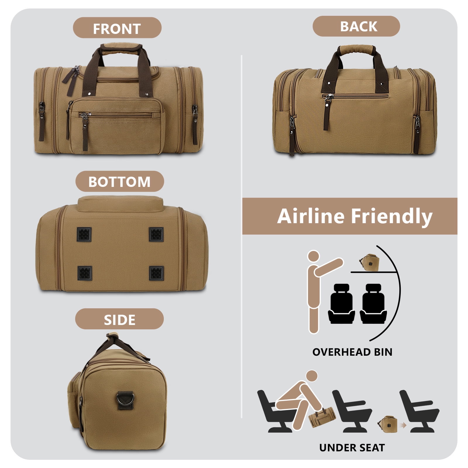 DAKOMM Duffle Bag for Travel, 50L Expandable Canvas Travel Duffel Bags Overnight Weekend Waterproof Gym Carry On Luggage Bag Travel Bag for Men & Women, Coffee