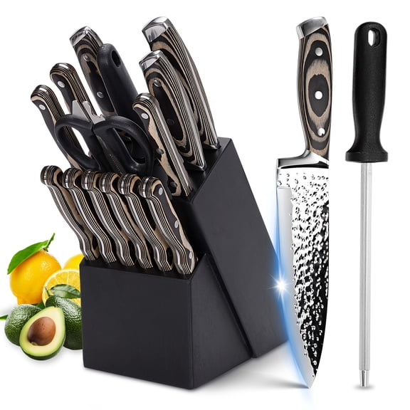 Wooden Block Knife Set 15pcs, Self-Sharpening Chef Knives with Steak Knives, Hammered Medium Carbon Stainless Steel, Kitchen Knife Set Gift Boxed, Black/Wooden Christmas Gift
