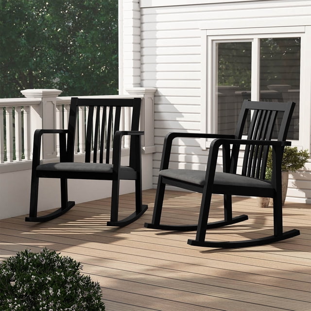 Costway 2 PCS Rocking Chair with Cushioned Seat, Slatted Back & Curved Armrests for Bedroom Black + Gray