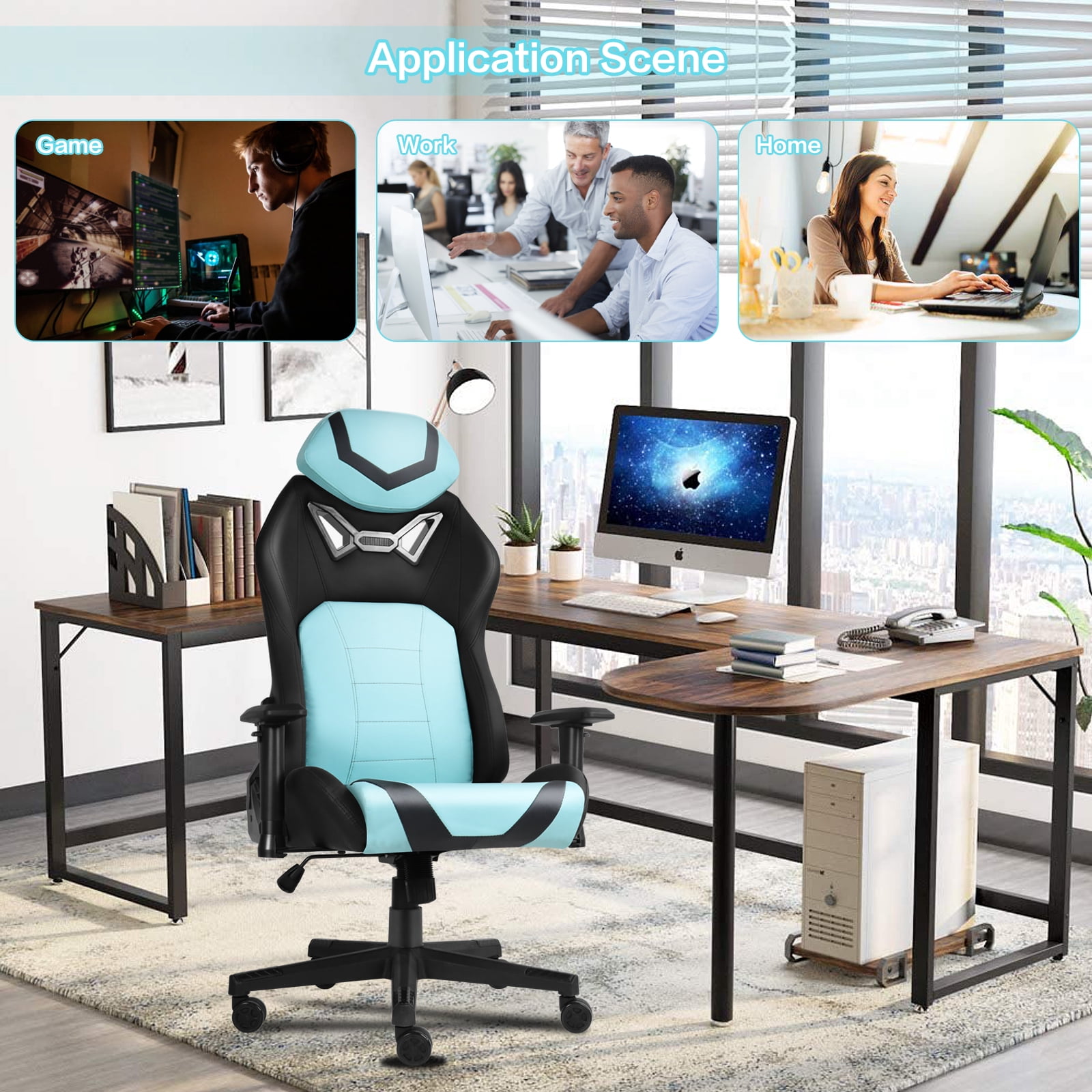 Ergonomic Gaming Chairs for Adults with High-Density Memory Foam | Swivel Comfortable Office Chair, Big and Tall Video Game Chair, High Back Computer Chair for Home, Office, Cyan Black