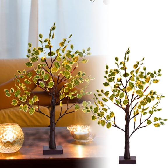 HAITIANS Black Birch Table Light, Christmas Light Up Tree With Artificial Green Leaves And 24 Warm White Leds For Fireplace, Bedroom, Home, Party, Wedding Decor, Mini Bonsai Tree Lamp