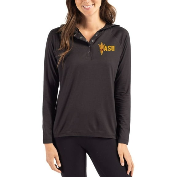 Women's Cutter & Buck Black Arizona State Sun Devils Coastline Epic Comfort Recycled Hooded Raglan Quarter-Snap Shirt