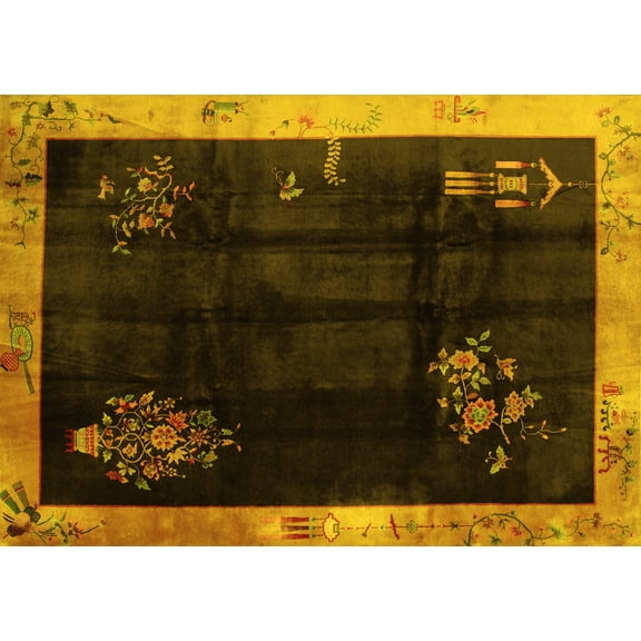 Ahgly Company Machine Washable Indoor Rectangle Oriental Yellow Asian Inspired Area Rugs, 5' x 7'