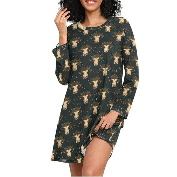 joogoo Christmas Cow and Holly Women's Long Sleeve Nightgown Sleepwear L