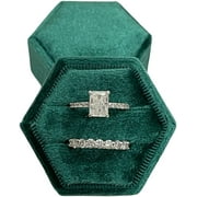 Velvet Treasures Engagement Ring Box, Double Slots Vintage Hexagon Wedding Jewelry Box for Ceremony, Display & Storage, Emerald Green