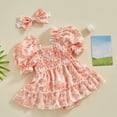 thumbnail image 3 of Okbabeha Infant Baby Girls Floral Smocked Romper Dress Puff Sleeve Bodysuit Outfit Summer Clothes with Headband, 3 of 8