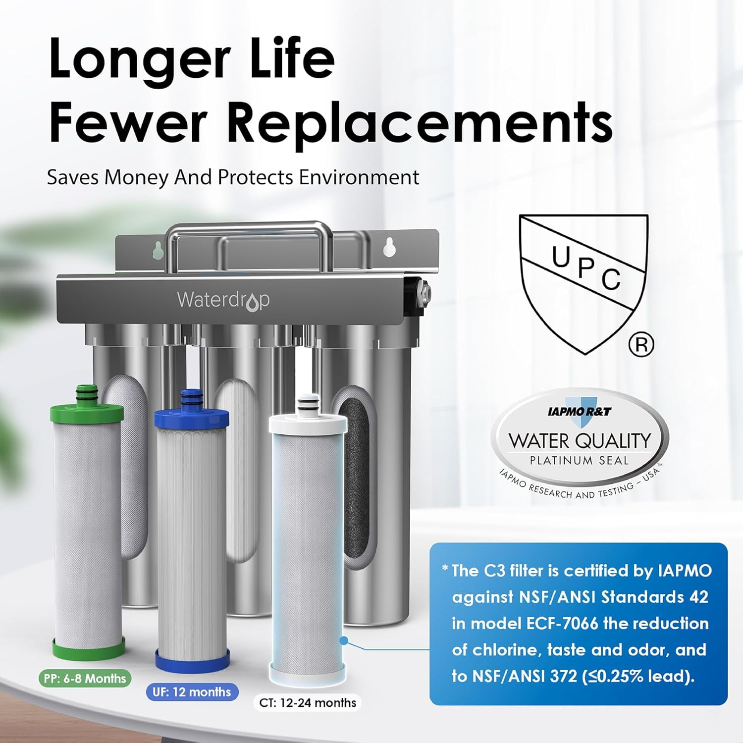 Restored Waterdrop TST-UF 0.01μm Ultra-Filtration Under Sink Water Filter System, Stainless Steel Water Filter for Sink, 5X Service Life Under Sink Water Filtration System (Refurbished)