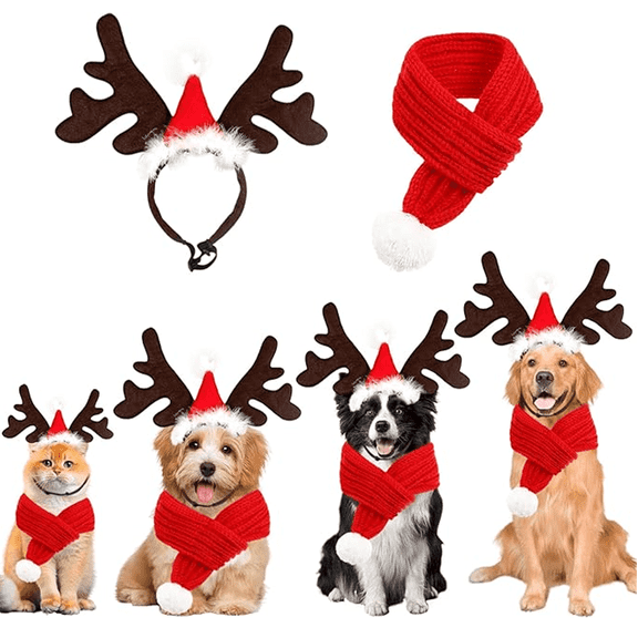 Tumao Pet Christmas Costume, Cat Dog Christmas Outfit, with Red Scarf Antler Headband for Cat Dog Christmas Costume