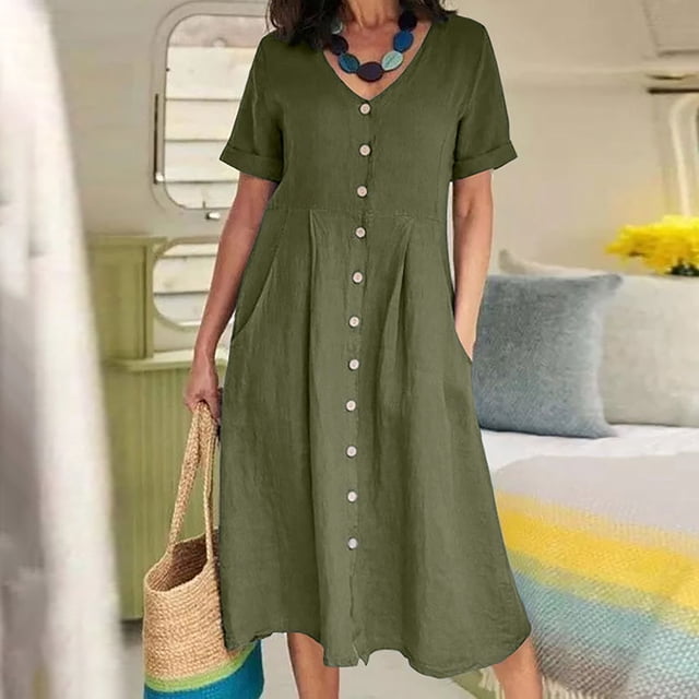 Weiqiqre Robes de Cocktail pour Femmes, Robe d'Été Décontractée pour Femmes à Col en V, Unie, à Manches Courtes, avec Boutons et Poches, en Coton et Lin