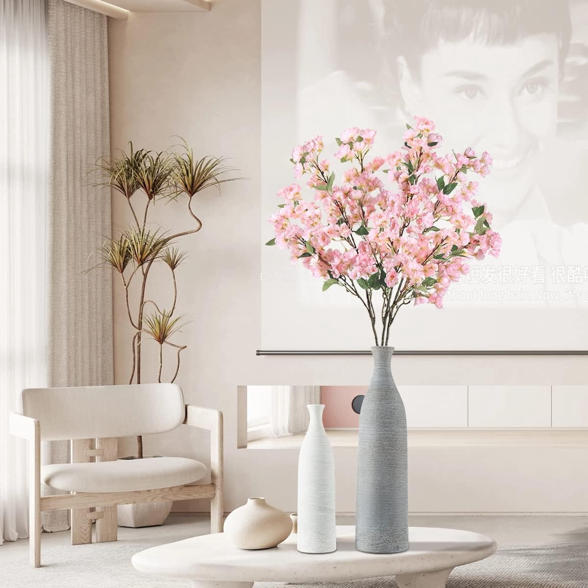 Artificial Cherry Blossom Branches, Faux Fake Plum Flowers Real Touch Boutique Bulk for Home Wedding Office Decoration, 35”Long Stems for Tall Vase (3PCS, White)