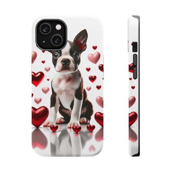 DistinctInk MagSafe Tough Case for Apple iPhone 14 Plus (6.7" Screen) - Valentine's Day Boston Terrier Puppy - Wireless Charging Compatible