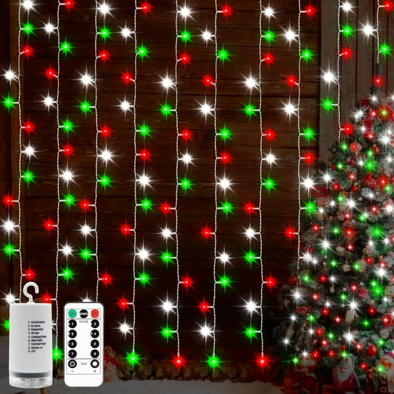 EnjinZZ Red White and Green Christmas Curtain Lights Battery Operated, 300 LED Fairy Curtain Lights 9.8Ft x 9.8Ft Hanging Lights with Remote Timer for Party Holiday Garden Yard Decor