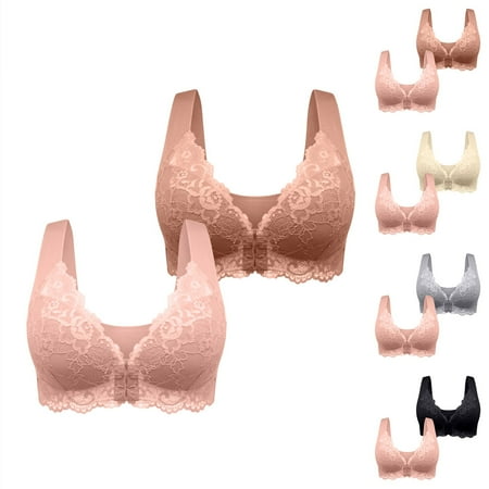 Dazajoo 2PCs Plus Size Bras for Womens Front Buckle Closure Push Up Lace Bra Skin Friendly Wireless No Steel Ring Full Coverage Underwear Deals Today Coffee XXXXXXXL