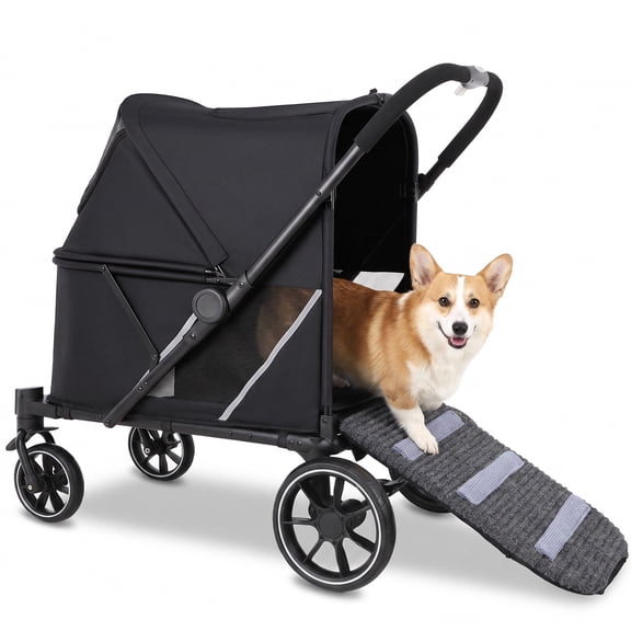 LIFERUN Foldable Pet Stroller for Medium Dogs, w/Ramp, 66lbs, All-Terrain Dog Stroller with Mesh Window, One-Step Brake, One Click Fold, Idea for Injured, Disabled & Senior Dog