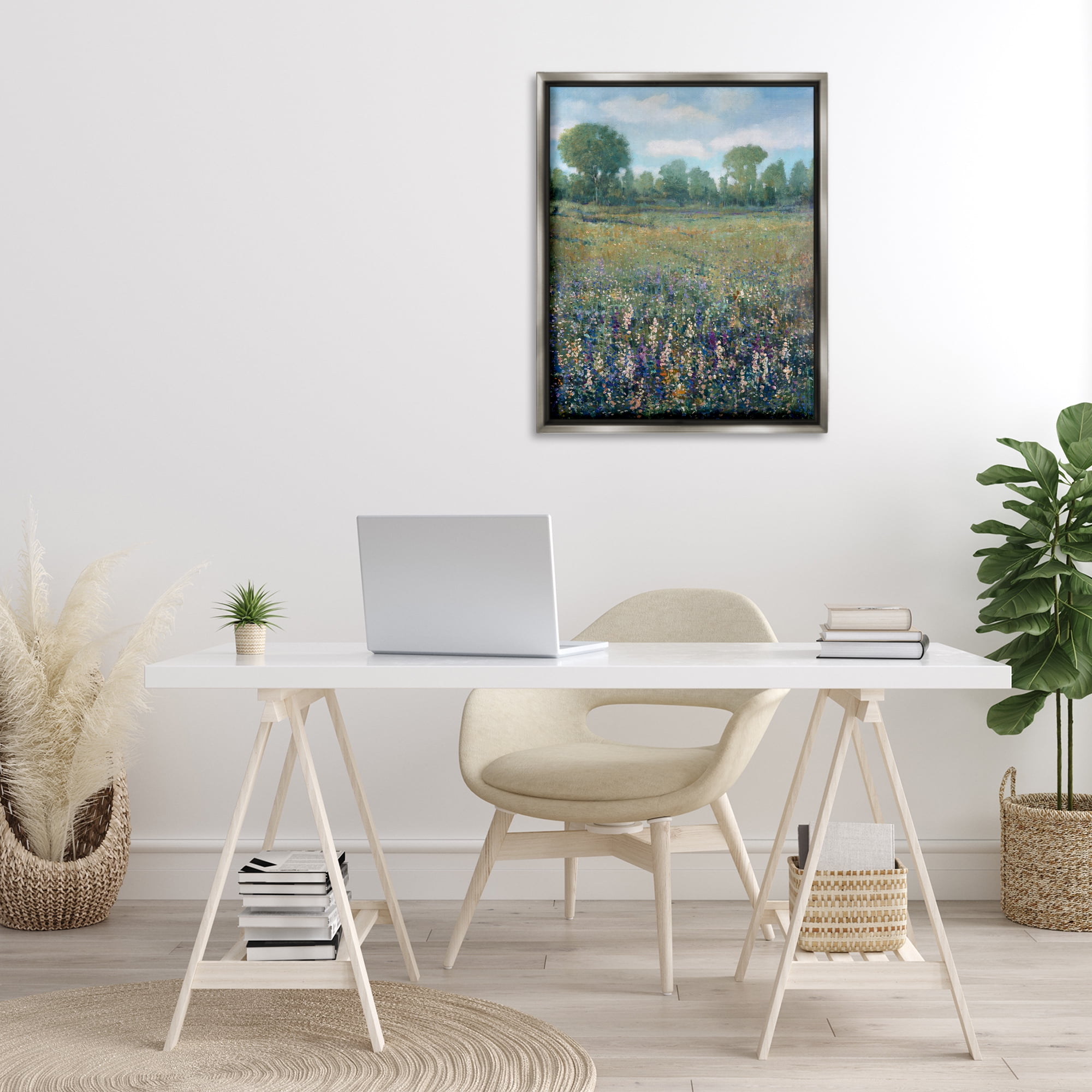 Stupell Industries Lilac & Wildflower Fields Landscape Painting Gray Floater Framed Art Print Wall Art, 25 x 31