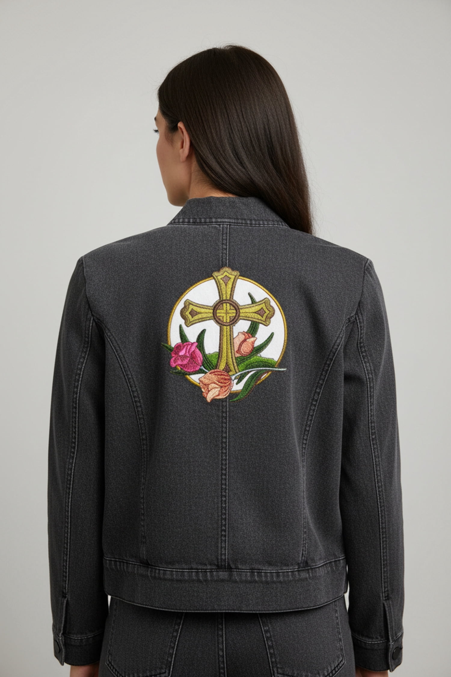 Holy Sacred Cross and Tulip Embroidery Iron On/Sew patch [5" x 5.15"]
