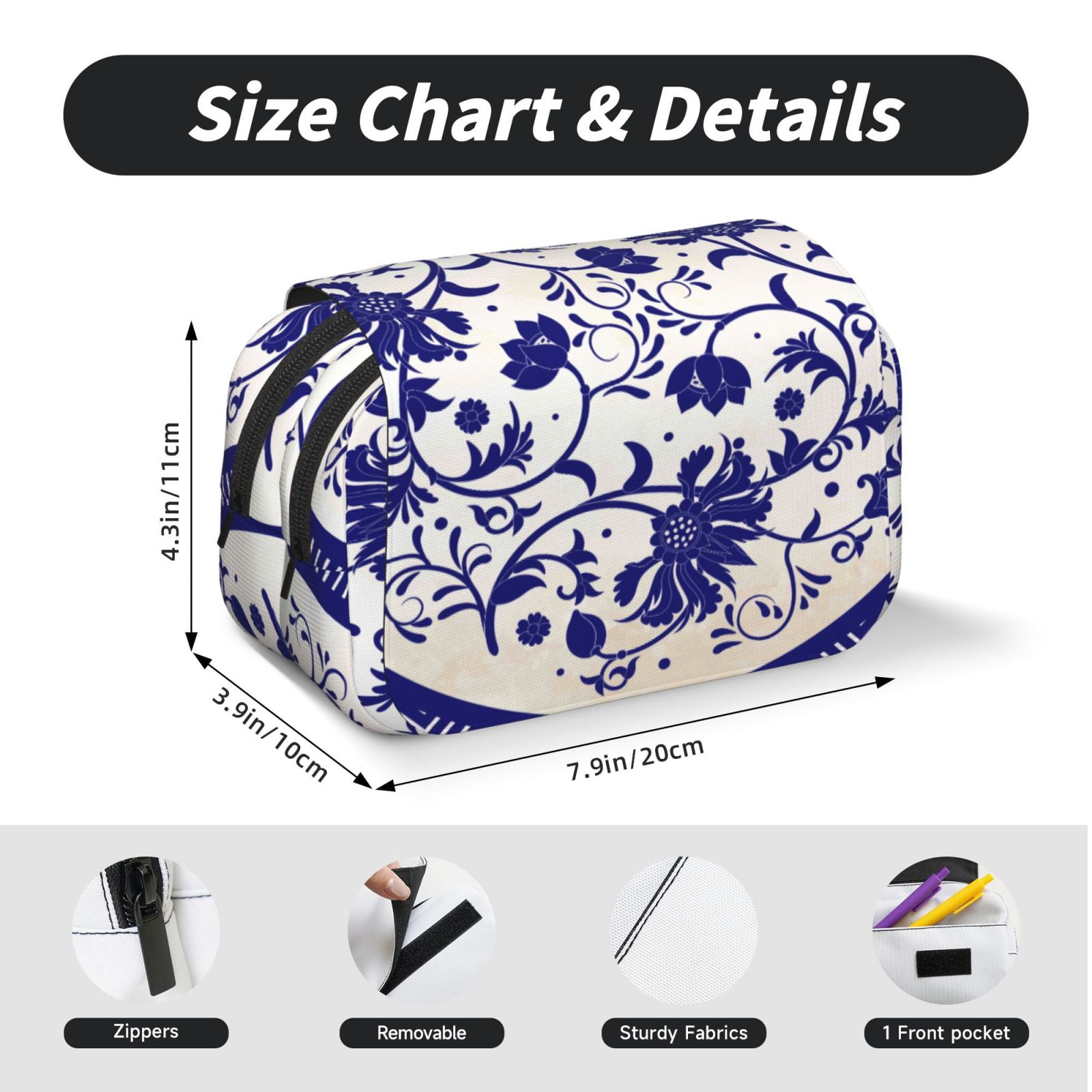 Rateoe Blue And White Porcelain Pattern Pattern Double Clamshell Pen Case, Storage Organizer with Two Zipper Compartments– Holds Up to 50 Pencils & Pens
