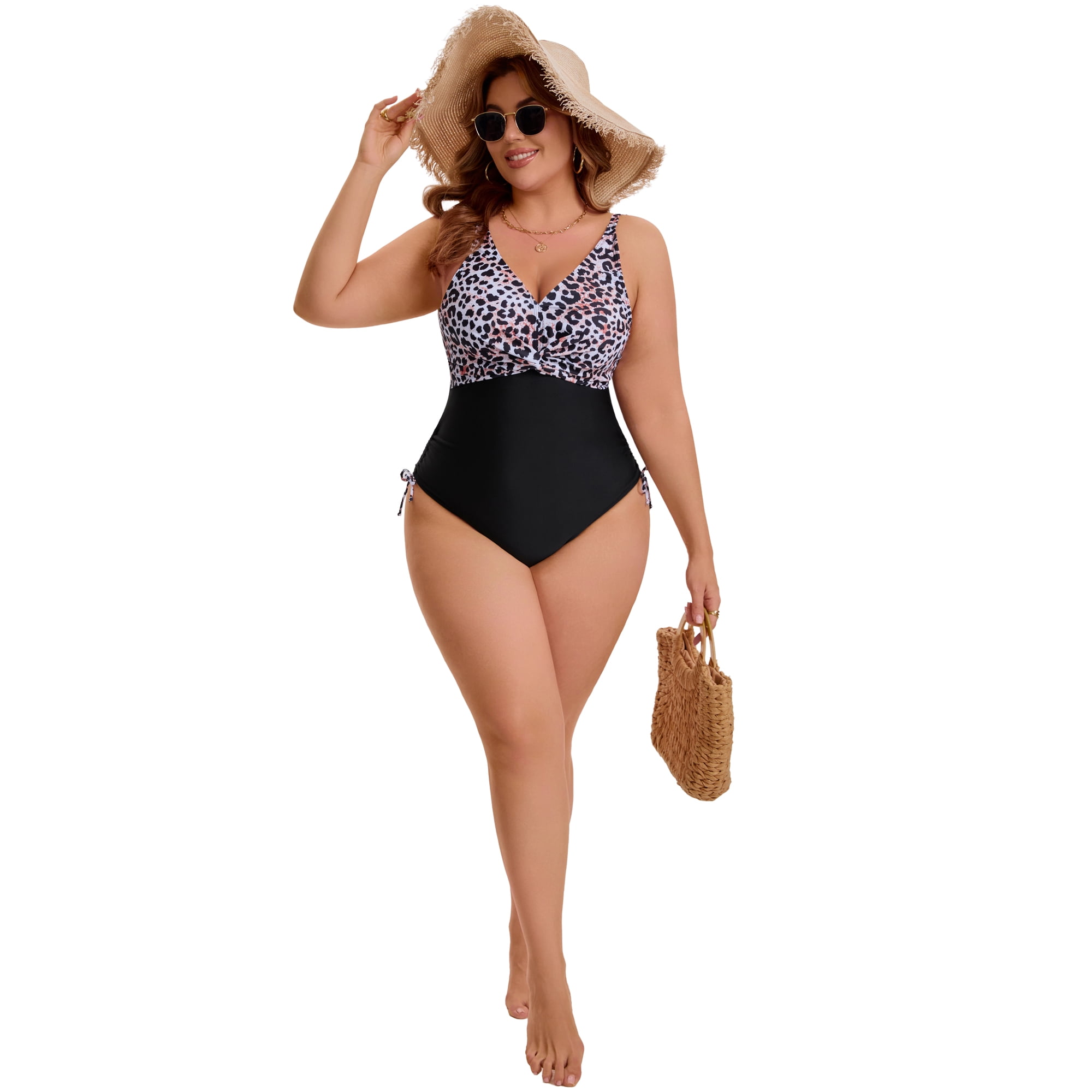 DARING DIVA Women's Plus Swimsuit with V Neck and Adjustable Push Up Design 3X Black