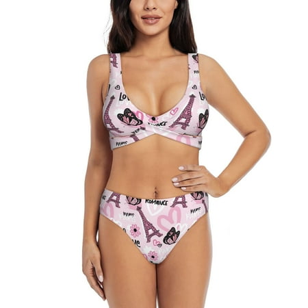 Zeuib Eiffel Tower and Butterflies High Waisted Tummy Control Bikini Set - Knot Front Push Up Top & Cheeky Thong Bottom  Two-Piece Swimsuit for Women-Medium