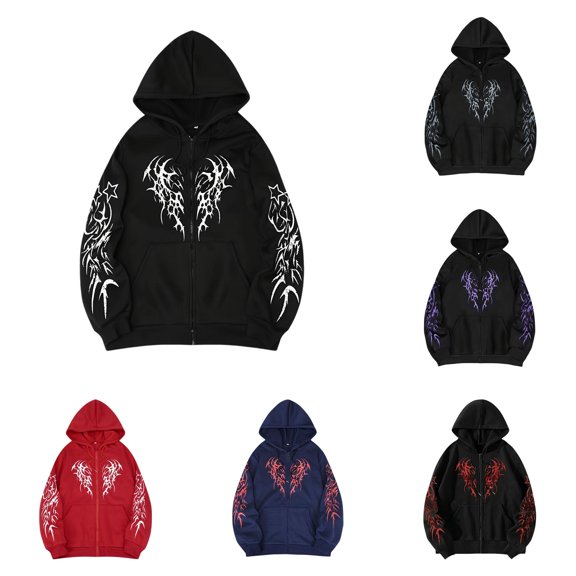 XIAOCHA Womens Gothic Graphic Zip Up Hoodie Loose Fit Long Sleeve Casual Full Zip Sweatshirt