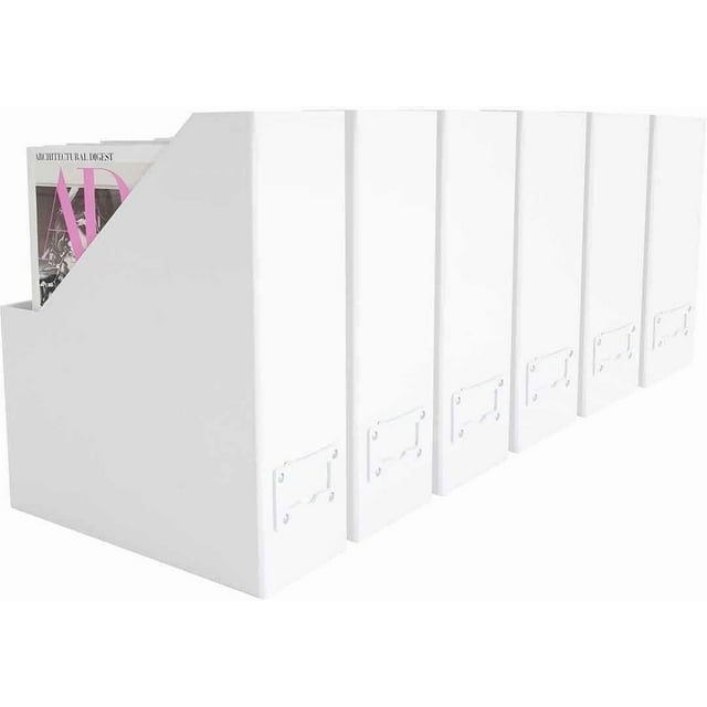 BLU MONACO Declutter in Style with a Set of 6 White Magazine File Bins with White Leather Label Holders - Fashionable Décor for Workspace Organization - Foldable Magazine Boxes