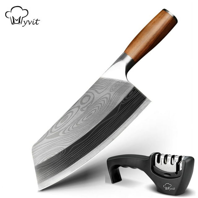 Meat Cleaver Knife,8inch Kitchen Butcher Knife with Sharpener,Sharp German Stainless Steel Chopping Knife Heavy Duty Damascus Laser Forged Chopper with Handle