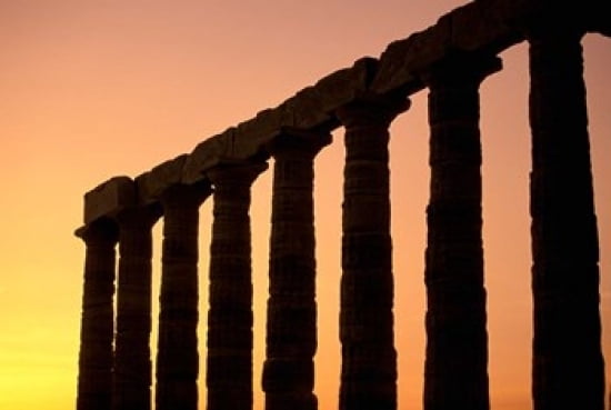 Temple of Poseidon Columns at Sunset Cape Sounion Attica Greece Canvas Art - Walter Bibikow DanitaDelimont (24 x 15)