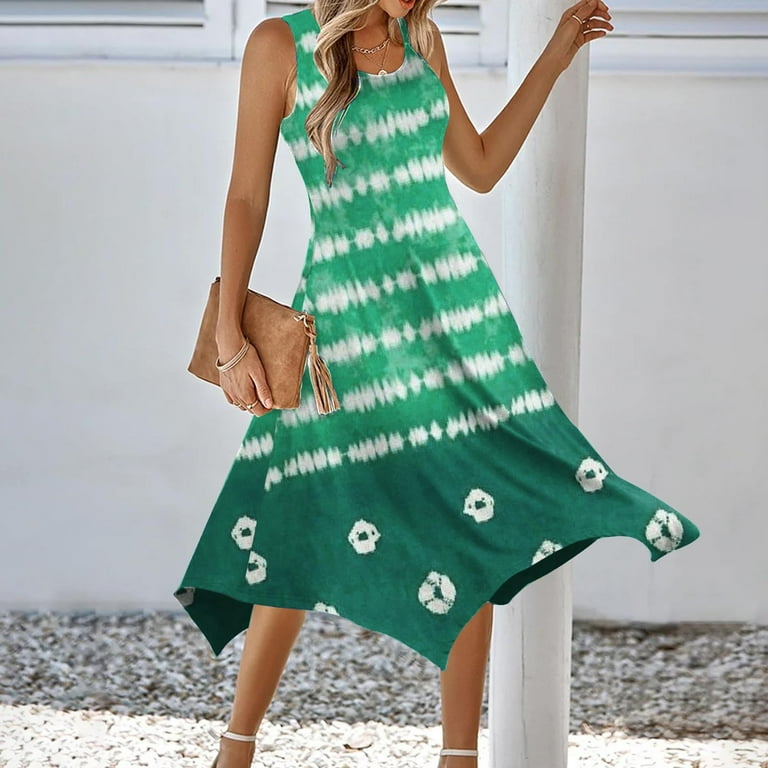 Successthop Long Summer Dresses for Women Stripe Sleeveless Midi Clothes Ladies Crewneck Holiday Dress with Pocket Green, Women's, Size: 2XL