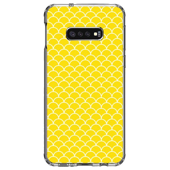 DistinctInk Clear Shockproof Hybrid Case for Samsung Galaxy S10e (5.8" Screen) - TPU Bumper, Acrylic Back, Tempered Glass Screen Protector - Yellow White Scalloped Pattern