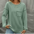 thumbnail image 5 of Women's Long Sleeve Blouses Women's Stripe Brushed Solid Color Round Neck Pocket Casual Loose T-shirt Long Sleeved Round Neck Top, S-2XL, 5 of 7