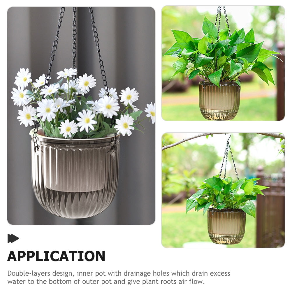 OUNONA Set of 3 Grey Resin Hanging Flower Pots with Self Watering for Balcony and Garden Decoration
