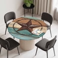 thumbnail image 2 of Texas Star Rustic Round Fitted Tablecloth with Elastic Edge, Waterproof Table Cloth Table Cover for 55"-60" Tables, Western Teal Brown Ombre Wooden Vintage Tablecloths for Dining Picnic Outdoor, 2 of 9