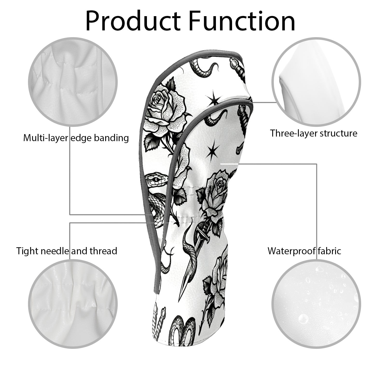Golf Club Covers, BlackWhite RoseSword Premium PU Leather Driver Hybrid Putter Head Covers with Velvet Lining, Waterproof Golf Gifts for Men Women